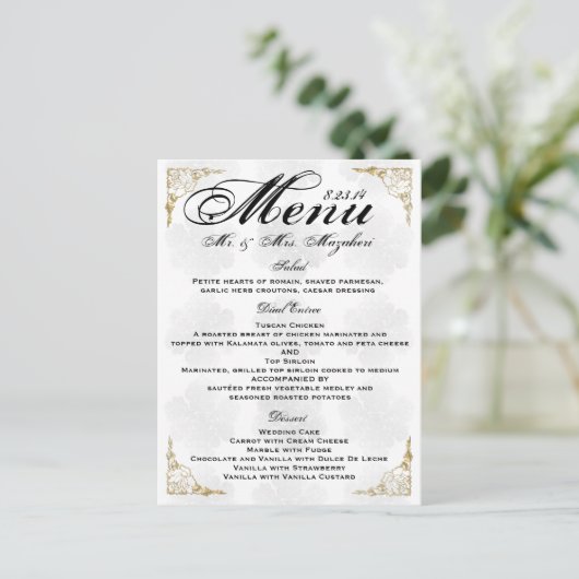 金ゴールドのばら色の結婚式夕食メニューはノート感謝していしています ポストカード (スタンド正面)