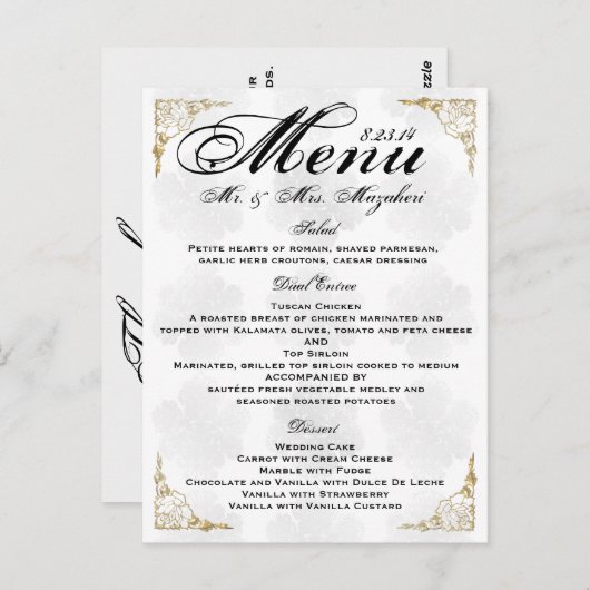 金ゴールドのばら色の結婚式夕食メニューはノート感謝していしています ポストカード (正面/裏面)