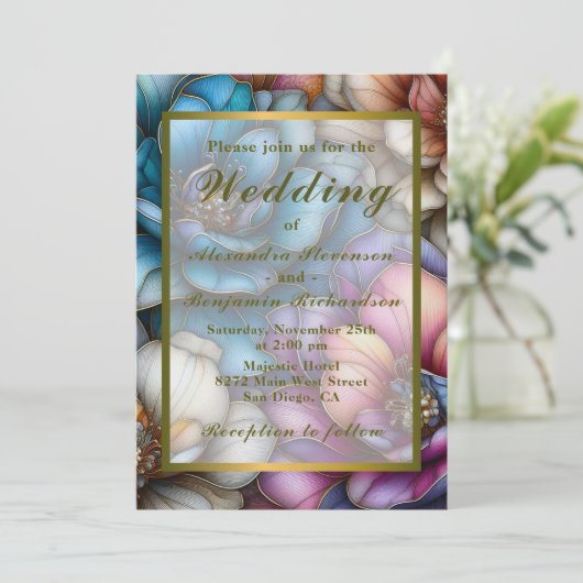 金ゴールドのアウトラインを持つ開花結婚の種類 招待状 (スタンド正面)