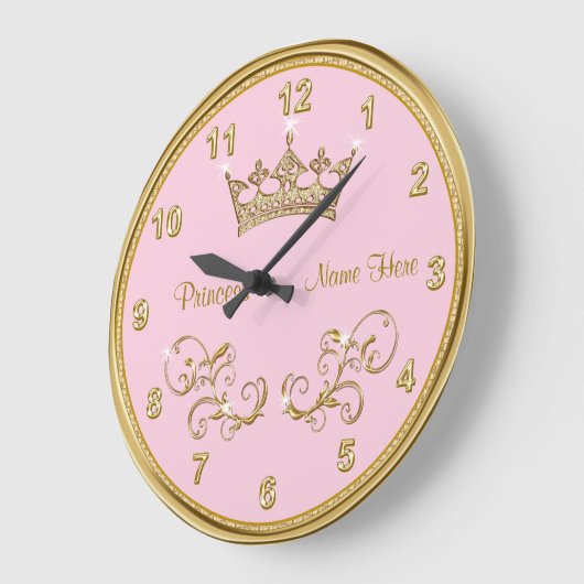 金ゴールドのアクセントのパーソナライズなピンクのプリンセスの時計 ラージ壁時計 (傾斜)