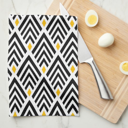 金ゴールドのアクセントパターンが付いているアールデコの矢 キッチンタオル (四つ折り)