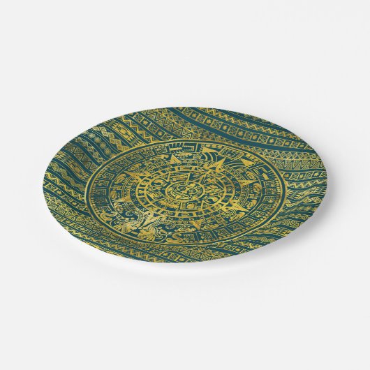 金ゴールドのアステカなインカ人のマヤのカレンダー ペーパープレート (アングル)