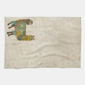 金ゴールドのアルパカ及びティール(緑がかった色)のフクロウタオル キッチンタオル (横)