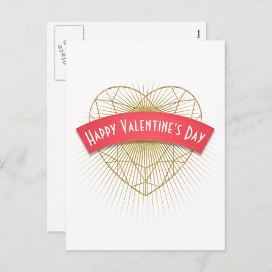 金ゴールドのアールデコのハートのバレンタインデー シーズンポストカード (正面/裏面)