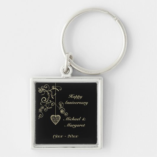 金ゴールドのエレガントなハートの結婚記念日Keychain キーホルダー (正面)