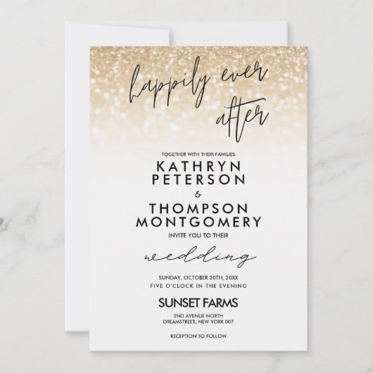 金ゴールドのエレガントグリッターが結婚幸せに 招待状 (正面)