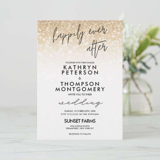 金ゴールドのエレガントグリッターが結婚幸せに 招待状 (スタンド正面)