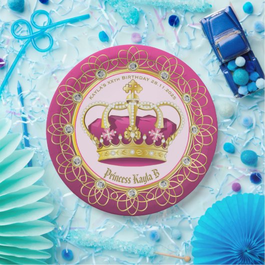 金ゴールドのエレガント真珠が自分のピンクの王冠を作ガーリーる ペーパープレート (パーティー)