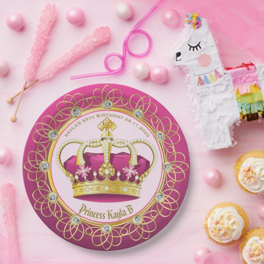 金ゴールドのエレガント真珠が自分のピンクの王冠を作ガーリーる ペーパープレート (パーティー)