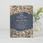 金ゴールドのエレガント葉ネイビーブルーバプテスマ 招待状 (スタンド正面)