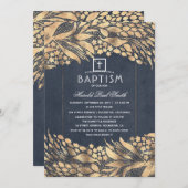 金ゴールドのエレガント葉ネイビーブルーバプテスマ 招待状 (正面/裏面)