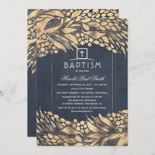 金ゴールドのエレガント葉ネイビーブルーバプテスマ 招待状 (正面/裏面)