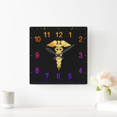 金ゴールドのオレンジ医学の注意深いバッジ スクエア壁時計 (ホーム)