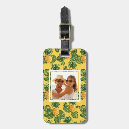 金ゴールドのカスタムな写真のパイナップル及び熱帯葉 ラゲッジタグ (正面縦)