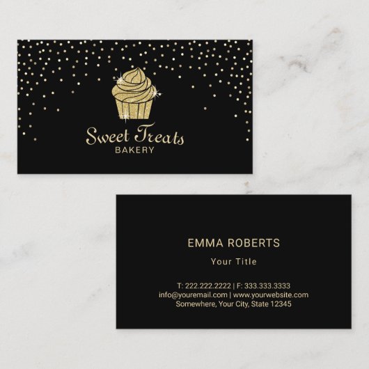 金ゴールドのカップケーキのベーカリーの菓子はモダンな紙吹雪を扱います 名刺 (正面/裏面)