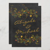 金ゴールドのカラフル花が前面に 招待状 (正面/裏面)