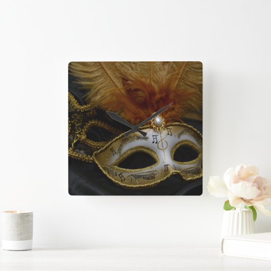 金ゴールドのカーニバルのベニス風のマスクの仮面舞踏会 スクエア壁時計 (ホーム)