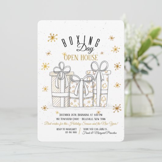 金ゴールドのギフト用の箱日の招待状 招待状 (スタンド正面)