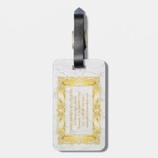 金ゴールドのクラシックなモノグラムエレガントなフレームの白の大理石 ラゲッジタグ (裏面縦)