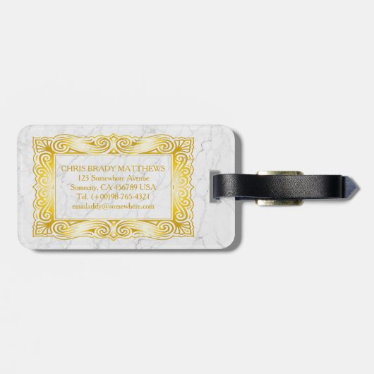 金ゴールドのクラシックなモノグラムエレガントなフレームの白の大理石 ラゲッジタグ (裏面横)