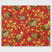 金ゴールドのクリスマスの赤いヴィンテージ大きい花のToile ラッピングペーパー (フラット)