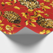 金ゴールドのクリスマスの赤いヴィンテージ大きい花のToile ラッピングペーパー (角)