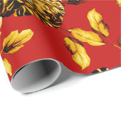 金ゴールドのクリスマスの赤いヴィンテージ大きい花のToile ラッピングペーパー (ロールコーナー)