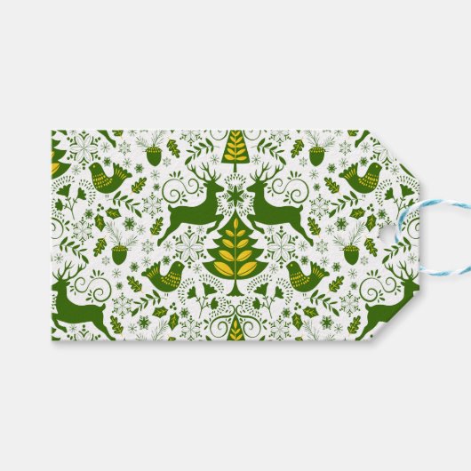 金ゴールドのクリスマスウッドランドディアバード開花 ギフトタグ (正面(横))