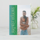 金ゴールドのクリスマスススワール緑の写真HAPPIEST シーズンカード (スタンド正面)