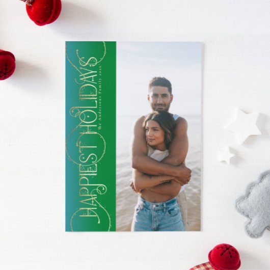 金ゴールドのクリスマスススワール緑の写真HAPPIEST シーズンカード