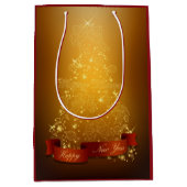 金ゴールドのクリスマスツリーにランタンと弓 ミディアムペーパーバッグ (正面)