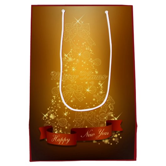 金ゴールドのクリスマスツリーにランタンと弓 ミディアムペーパーバッグ (裏面)