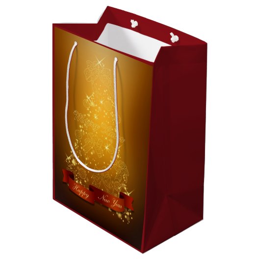 金ゴールドのクリスマスツリーにランタンと弓 ミディアムペーパーバッグ (裏面アングル)