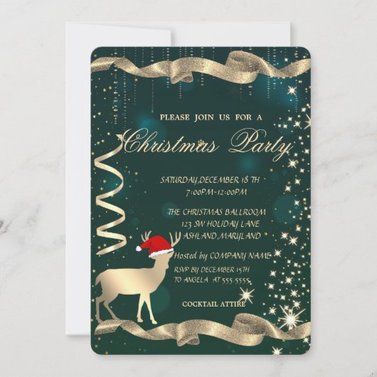 金ゴールドのクリスマスディアー、輝き、緑のクリスマスパーティー 招待状 (正面)
