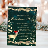 金ゴールドのクリスマスディアー、輝き、緑のクリスマスパーティー 招待状