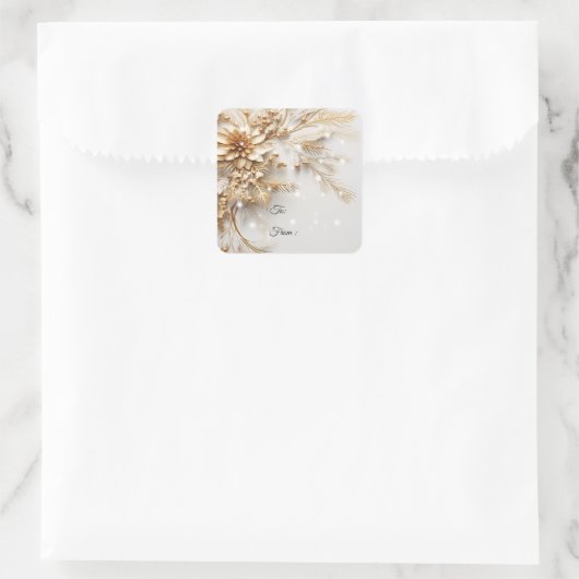 金ゴールドのクリスマスフラワーとベリーの輝き スクエアシール (バッグ)