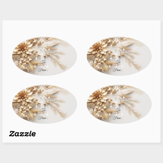 金ゴールドのクリスマスフラワーとベリーの輝き 楕円形シール (シート)