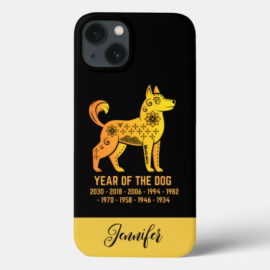 金ゴールドのグラデーション年の犬の〔占星術の〕十二宮図名ブラック Case-Mate iPhoneケース (裏面)