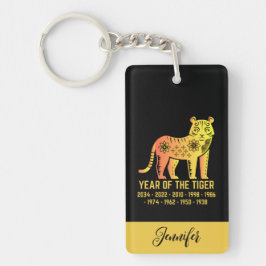 金ゴールドのグラデーション年の虎の〔占星術の〕十二宮図名の黒 キーホルダー