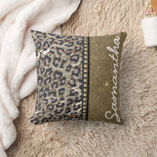金ゴールドのグリッターおよびヒョウのモノグラム クッション (ブランケット)
