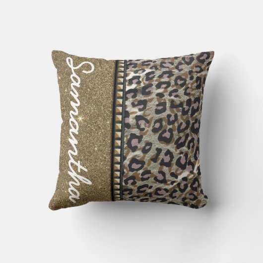 金ゴールドのグリッターおよびヒョウのモノグラム クッション (裏面)