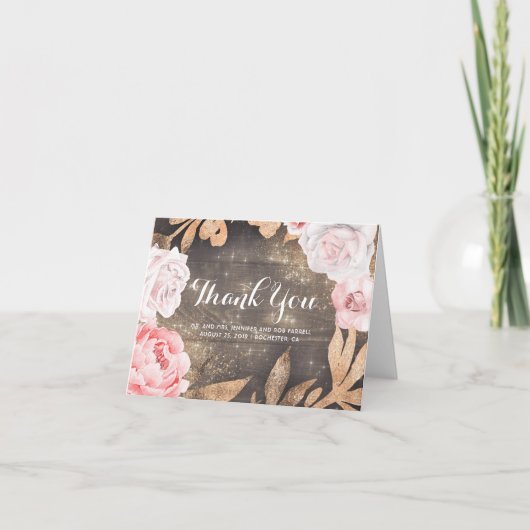 金ゴールドのグリッターおよびピンクの花の結婚は感謝していしています サンキューカード (正面)