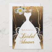 金ゴールドのグリッターおよび白い花のブライダルシャワー 招待状 (正面)