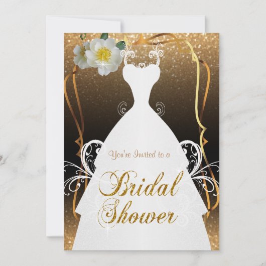 金ゴールドのグリッターおよび白い花のブライダルシャワー 招待状 (正面)