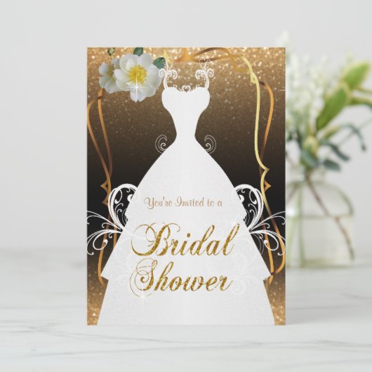金ゴールドのグリッターおよび白い花のブライダルシャワー 招待状 (スタンド正面)