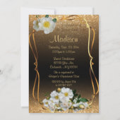 金ゴールドのグリッターおよび白い花のブライダルシャワー 招待状 (裏面)