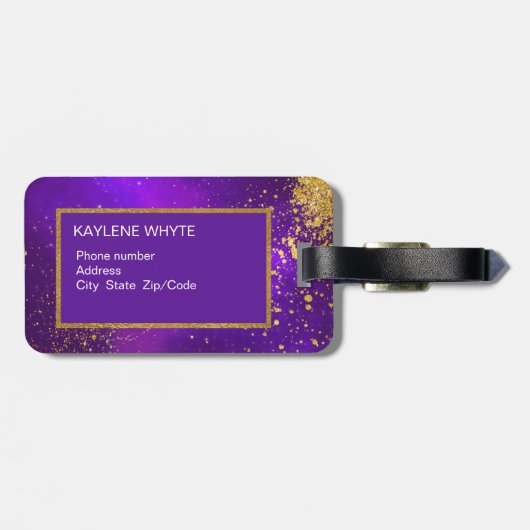 金ゴールドのグリッターおよび紫色の銀河系の荷物のラベル ラゲッジタグ (裏面横)
