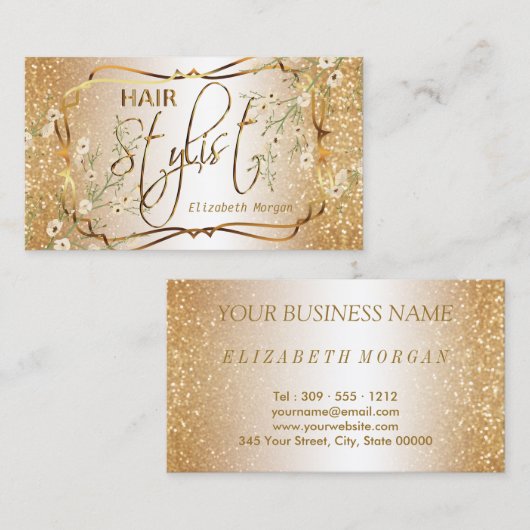金ゴールドのグリッターおよび花柄の美容師 名刺 (正面/裏面)