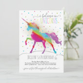 金ゴールドのグリッターおよび虹のユニコーンの招待状 招待状 (スタンド正面)