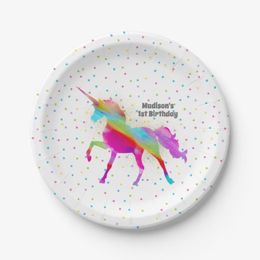 金ゴールドのグリッターおよび虹のユニコーンの誕生会 ペーパープレート (正面)